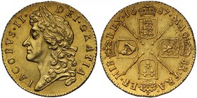 James II (1685-88), gold Guinea, 1687, second laureate head left, legend and toothed border surrounding both sides, IACOBVS. II. DEI. GRATIA, rev. cro...