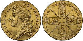James II (1685-88), gold Guinea, 1688, second laureate head left, legend and toothed border surrounding both sides, IACOBVS. II. DEI. GRATIA, rev. cro...