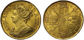 Anne (1702-14), gold Guinea, 1714, Post-Union, third draped bust left, legend surrounding, ANNA.DEI. GRATIA., toothed border around rim both sides, re...
