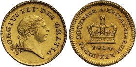 g George III (1760-1820), gold Third Guinea, 1810, third type, second laureate head right, Latin legend and toothed border surrounding, GEORGIVS III D...