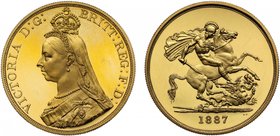 g Victoria (1837-1901), gold Proof Five Pounds, 1887, Jubilee type crowned bust left, J.E.B. initials on truncation, legend surrounding, VICTORIA D: G...