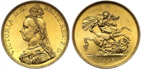 g Victoria (1837-1901), gold Five Pounds, 1887, Jubilee type crowned bust left, J.E.B. initials on truncation, legend surrounding, VICTORIA D: G: BRIT...