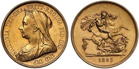 g Victoria (1837-1901), gold Five Pounds, 1893, crowned and veiled bust left, T.B. initials below truncation for engraver Thomas Brock, legend and too...