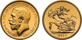 g George V (1910-36), gold Proof Five Pounds, 1911, bare head left, with raised BM for Bertram Mackennal on truncation, legend and toothed border surr...