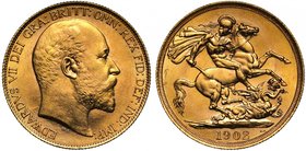 g Edward VII (1901-1910), gold Two-Pounds, 1902, Coronation year, bare head right, De S. below truncation for engraver George W De Saulles, legend and...
