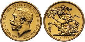 g George V (1910-36), gold Proof Two Pounds, 1911, bare head left, with raised BM for Bertram Mackennal on truncation, legend and toothed border surro...