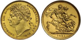 g George IV (1820-30), gold Sovereign, 1821, first laureate head left, B.P. for Benedetto Pistrucci below neck, legend and toothed border surrounding,...
