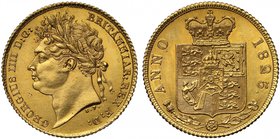 g George IV (1820-30), gold Half-Sovereign, 1825, first laureate head left, B.P. for Benedetto Pistrucci below neck, legend and toothed border surroun...