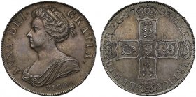 Anne (1702-14), silver Pre-Union Crown, 1703, VIGO. below draped bust left, legend and toothed border surrounding, ANNA.DEI. GRATIA., rev. Pre-Union c...
