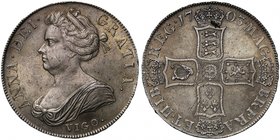 Anne (1702-14), silver Pre-Union Crown, 1703, VIGO. below draped bust left, legend and toothed border surrounding, ANNA. DEI. GRATIA., rev. Pre-Union ...