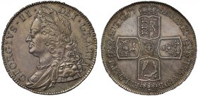 George II (1727-60), silver Crown, 1751, older laureate and draped bust left, legend surrounding, GEORGIUS.II. DEI.GRATIA., toothed border around rim ...