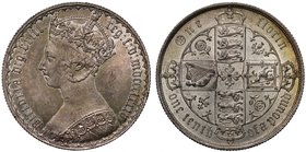 Victoria (1837-1901), silver Florin, 1885, Gothic type, crowned Gothic type bust left, Latin legend in Gothic letters with linear and 33 longer arched...
