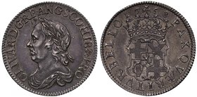 Oliver Cromwell (d.1658), silver Shilling, 1658, laureate and draped bust left, raised die flaw at top of forehead, legend and toothed border surround...