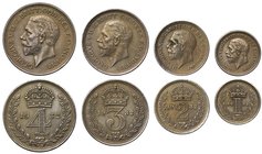 George V (1910-36), half-silver Maundy set, 1932, Four, Three, Two and One Pence, each with modified bare head of King left, with raised BM for Bertra...