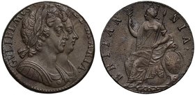 † William and Mary (1688-94), copper Halfpenny, 1694, conjoined laureate and cuirassed bust right, legend and toothed border surrounding, GVLIELMVS. E...