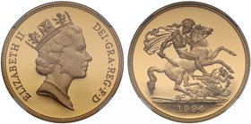 g Elizabeth II (1952 -), gold proof Five Pounds, 1994, crowned bust right, RDM incuse on truncation for designer Raphael Maklouf, Latin legend and too...