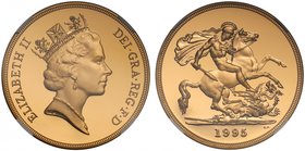 g Elizabeth II (1952 -), gold proof Five Pounds, 1995, crowned bust right, RDM incuse on truncation for designer Raphael Maklouf, Latin legend and too...