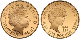 g Elizabeth II (1952-), gold Proof Five Pounds, 1999, Diana Princess of Wales Memorial Coin struck in 22 carat gold, fourth crowned head right, initia...