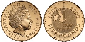 g Elizabeth II (1952 -), gold Proof Five Pounds, 1999, Millennium Issue 1999-2000 struck in 22 carat gold, crowned bust right, IRB below for designer ...