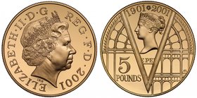 g Elizabeth II (1952 -), gold proof Five Pounds, 2001, struck in 22 carat gold, the Victorian Anniversary Crown, crowned bust right, IRB below for des...