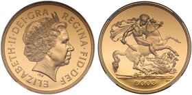 g Elizabeth II (1952 -), gold proof Five Pounds, 2003, crowned head right, IRB initials below for designer Ian Rank-Broadley, Latin legend and toothed...