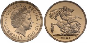 g Elizabeth II (1952 -), gold proof Five Pounds, 2004, crowned head right, IRB initials below for designer Ian Rank-Broadley, Latin legend and toothed...