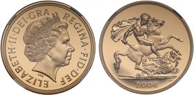 g Elizabeth II (1952 -), gold proof Five-Pounds, 2006, crowned head right, IRB initials below for designer Ian Rank-Broadley, Latin legend and toothed...