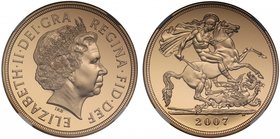 g Elizabeth II (1952 -), gold proof Five-Pounds, 2007, crowned head right, IRB initials below for designer Ian Rank-Broadley, Latin legend and toothed...