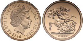 g Elizabeth II (1952 -), gold proof Five Pounds, 2011, crowned head right, IRB initials below for designer Ian Rank-Broadley, Latin legend and toothed...