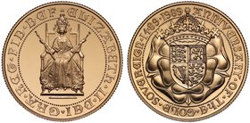 g Elizabeth II (1952 -), gold proof Two Pounds, 1989, for the 500th Anniversary of the Sovereign, designed by Bernard Sindall, Queen enthroned facing,...