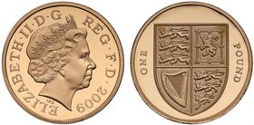 g Elizabeth II (1952 -), gold proof One Pound Coin, 2009, struck in 22 carat gold, crowned bust right, IRB below for designer Ian Rank Broadley, legen...
