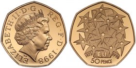 g Elizabeth II (1952 -), gold proof Fifty-Pence, 1998, struck in 22 carat gold for the 25th Anniversary of the UK's membership of the European Union a...
