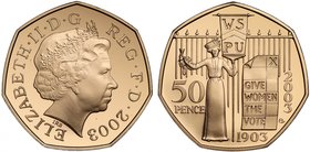 g Elizabeth II (1952 -), gold proof Fifty-Pence, 2003, struck in 22 carat gold for the 100th Anniversary of the Suffragette Movement, crowned bust rig...