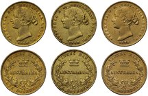 g Australia, Victoria (1837-1901), gold Sovereigns (3), Sydney Mint, 1866, 1868, 1870, second type, second filleted head with a wreath of banksia left...