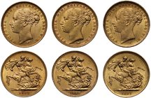 g Australia, Victoria (1837-1901), gold Sovereigns (3), Imperial type St George reverse, Melbourne Mint, 1883, 1886, Sydney Mint, 1887, mint letter be...