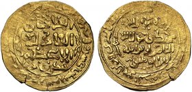 Great Mongols, Chingiz Khan (AH 603-624 / 1206-1227 AD), gold Dinar, Kalima and al-Nasir ed-Din Allah/Amir al-muminin in Arabic in four lines across f...