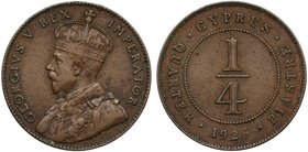 Cyprus, British Colony, George V (1910-36), bronze ¼-Piastre, 1926 (Pr. 92; KM 16). Very fine.
