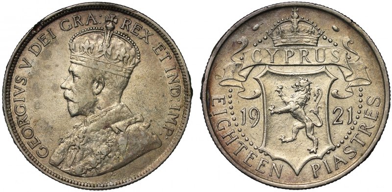 Cyprus, British Colony, George V (1910-36), silver 18-Piastres, 1921 (Pr. 5; KM ...