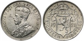 Cyprus, British Colony, George V (1910-36), silver 18-Piastres, 1921 (Pr. 5; KM 14). Good very fine.