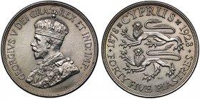 Cyprus, British Colony, George V (1910-36), silver 45-Piastres, 1928 (Pr. 1; KM 19). Light hairlines, about extremely fine.