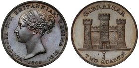 † Gibraltar, Victoria (1837-1901), proof bronze 2-Quarts, 1861 (KM 3). Formerly in NGC holder graded PF64BN now removed from holder. 

Formerly NGC ...