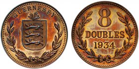 † Guernsey, George V (1910-36), bronze Specimen Strike Eight Doubles, 1934 H, Heaton Mint, Arms of Guernsey, laurel wreath below, rev. inverted die ax...