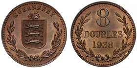 † Guernsey, George VI (1936-52), bronze Specimen Strike Eight Doubles 1938 H, Heaton Mint, Arms of Guernsey, laurel wreath below, rev. inverted die ax...