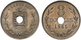 † Guernsey, George VI (1936-52), cupro-nickel Pattern Eight Doubles, 1945 H, Heaton Mint, officially cancelled by piercing at centre, Arms of Guernsey...