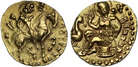 India, Gupta Empire, Kumaragupta I (414-455), gold Dinar, horseman type, legend around nimbate king riding right on caparisoned horse, rev. Ajitamahen...