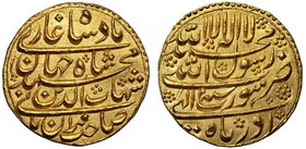 India, Mughal Empire, Shah Jahan (AH 1037-1068 / 1628-1658 AD), gold Mohur, Surat, Year 2, month of Azar, 10.96g (KM 255.6). In NGC holder graded MS66...