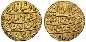 India, Mughal Empire, Shah Jahan (AH 1037-1068 / 1628-1658 AD), gold Mohur, Surat, Year 2, month of Azar, 10.95g (KM 255.6). In NGC holder graded MS65...