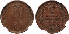 India, Dhar State, Victoria (1837-1901), copper 1/12-Anna, 1887 (KM 11). In NGC holder graded AU55BN. 

NGC CERTIFICATION NUMBER 4862502-009