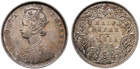 India, Victoria (1837-1901), silver 1/2-Rupee, 1893B, four panels in jabot, rev. curved spikes with incuse B, 5.84g (Pr 303; SW 6.220). Lightly toned,...