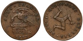 † Isle of Man, James Stanley, 10th Earl of Derby (1702-36), copper Pattern Halfpenny, 1723, Stanley family crest of eagle over child in wicker basket,...